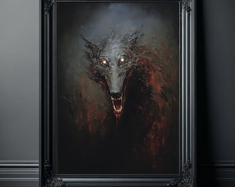 Demonic Wolf Art Print, Dark Fantasy Horror Poster, Gothic Beast Wall Decor, Nightmare Creature, Glowing Eyes Monster Art