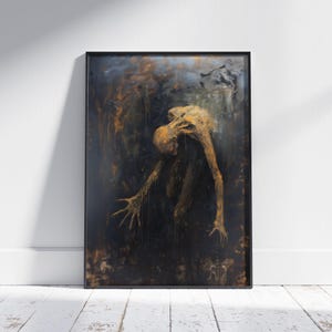 Pintura gótica de una criatura aterradora y agachada, obra de terror, póster de arte oscuro, material espeluznante