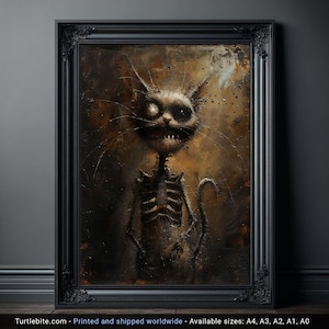 Pintura al óleo de un gato esquelético y grotesco, estilo Weirdcore, lámina artística gótica oscura para decoración espeluznante, imágenes aterradoras, cosas espeluznantes, arte de terror