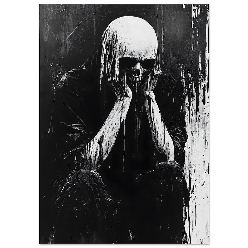 Póster analógico de criatura calavera de terror - Pintura de arte mural oscura en blanco y negro - Impresión vintage de esqueleto en la oscuridad espeluznante imagen 9
