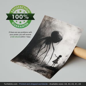 Little Girl Helping Baby Spider Monster Poster, Dark Fine Art Drawing, Creepy Cute Poster Print, Scary Pictures, Horror Artwork image 4