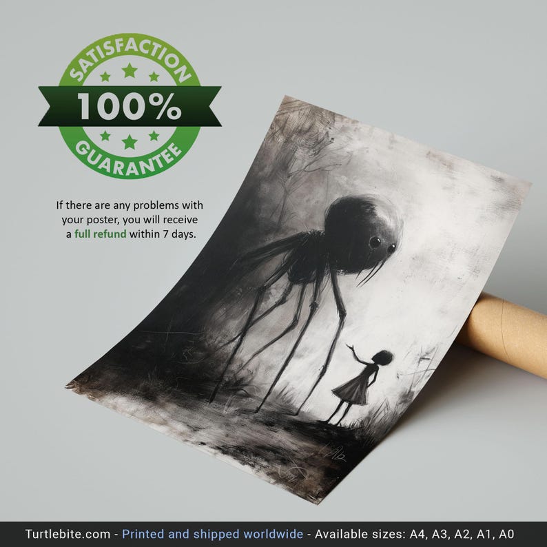 Little Girl Helping Baby Spider Monster Poster, Dark Fine Art Drawing, Creepy Cute Poster Print, Scary Pictures, Horror Artwork image 4