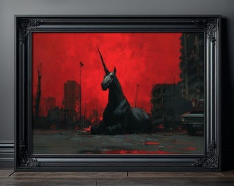 Dark Unicorn Poster, Apocalyptic Red Sky Art Print, Gothic Wall Decor, Surreal Horror Artwork