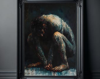 Dark Oil Painting of a Crouching Troll Poster | Large Gothic Print For Frame | Moody Wall Art Prints | Horror Painting Print
