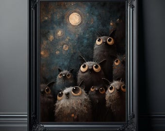 Whimsical Bat Poster, Cute Gothic Bat Art Print, Full Moon Dark Surrealism Wall Art
