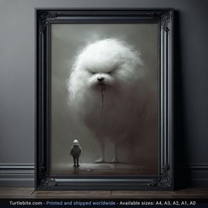 Grumpy Dog Walk Painting Poster, Weird Wall Art for Dog Lovers, Quirky Moody Dark Art Print, Mysterious Melancholic Gifts for her and him
