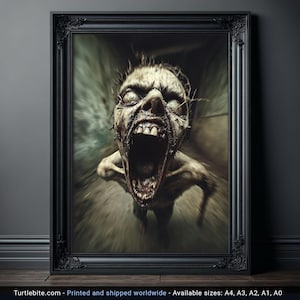 Terrifying Zombie Screaming in Haunted Corridor, Horror Art Print for Halloween Decor, Scary Wall Art for Spooky Home Ambience