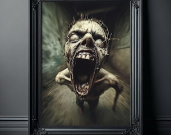 Terrifying Zombie Screaming in Haunted Corridor, Horror Art Print for Halloween Decor, Scary Wall Art for Spooky Home Ambience