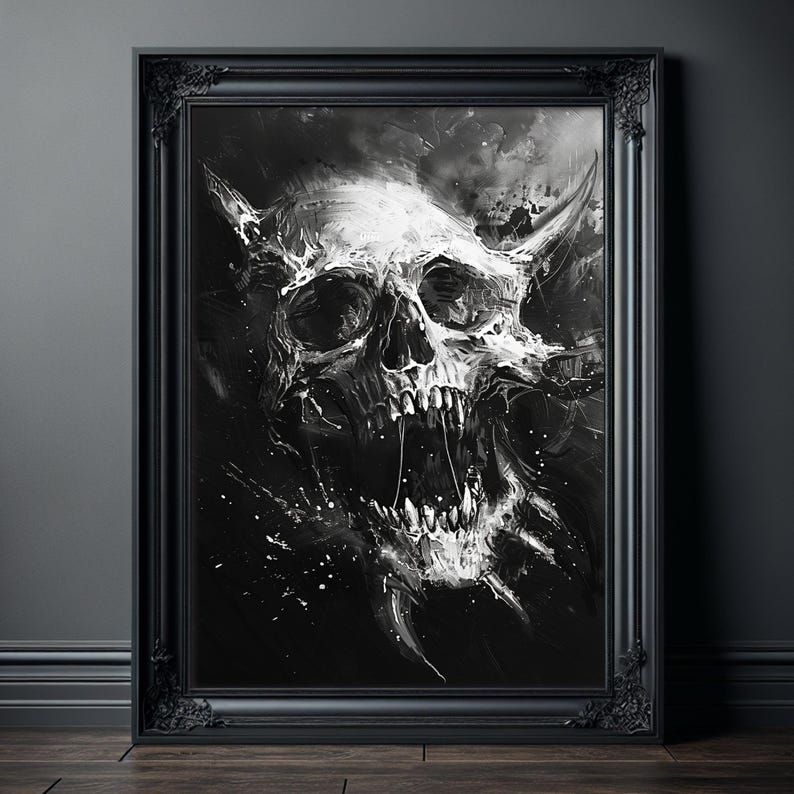 Creepy Screaming Skull Wanddekor, Schwarz und Weiß Horror Poster Kunstdruck, Analog Horror, Gruselige Bilder, Creepy Sachen, Memento Mori Bild 1