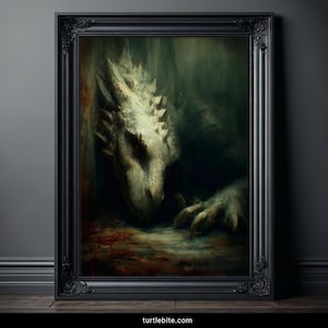 May include: A framed artwork featuring a detailed depiction of a dragon. The dragon's head and claw are visible, with a textured, off-white face and red eyes. The artwork is set against a dark, moody background, and the frame is black.