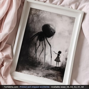 Little Girl Helping Baby Spider Monster Poster, Dark Fine Art Drawing, Creepy Cute Poster Print, Scary Pictures, Horror Artwork image 5
