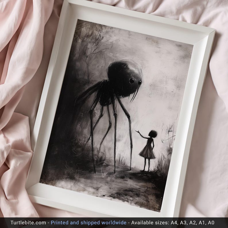 Little Girl Helping Baby Spider Monster Poster, Dark Fine Art Drawing, Creepy Cute Poster Print, Scary Pictures, Horror Artwork image 5