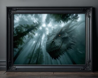 Dragon Art Print, Dark Fantasy Poster of Misty Forest Creature, Gothic Mythical Beast Wall Decor, Moody Atmospheric Home Art