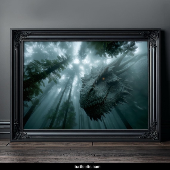 Dragon Art Print, Dark Fantasy Poster of Misty Forest Creature, Gothic Mythical Beast Wall Decor, Moody Atmospheric Home Art
