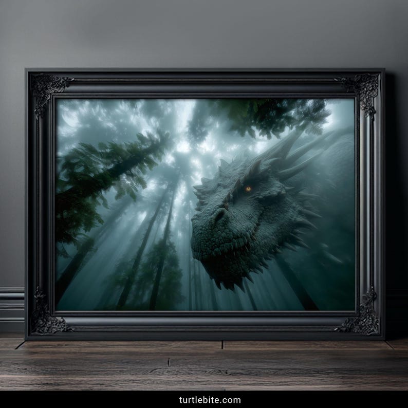 Dark fantasy dragon emerging from misty forest with glowing amber eye gothic wall art