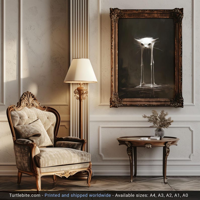 Op de afbeelding: Een ingelijste print van een witte kat met lange, dunne poten die in een plas water staat. De print is in een gouden lijst en hangt aan een muur in een kamer met een stoel en een tafel.