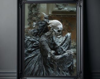 Eerie Gothic Skeletal Beauty Wall Art, Skull Woman Print, Macabre Poster, Scary Pictures, Creepy Stuff, Horror Artwork, Victorian Art