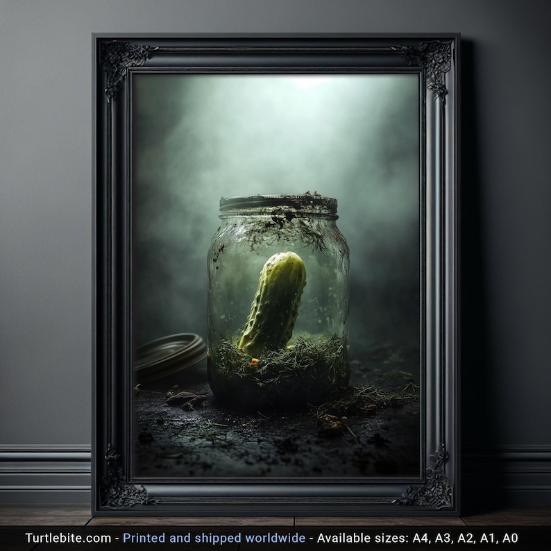 Eigenzinnige muurkunst: posterprint The Last Cucumber, spookachtig keukendecor, humeurige muurkunst groot afbeelding 1