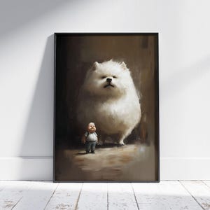 Dark Humor Wandkunst: Surrealer kleiner Mann mit Hund, Comic Surrealismus, Traumhafte Szene Poster Druck, Satirische Kunst, Gruselig Niedlich