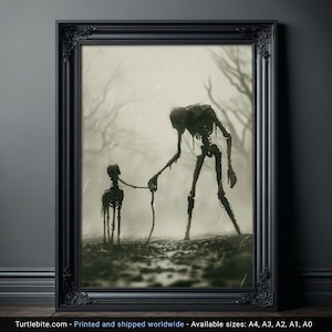 Deszczowa sztuka ścienna z przerażającym spacerem z psem, upiorny wystrój dla miłośników psów, plakat na Halloween, straszny obraz, przerażające rzeczy, mroczna sztuka