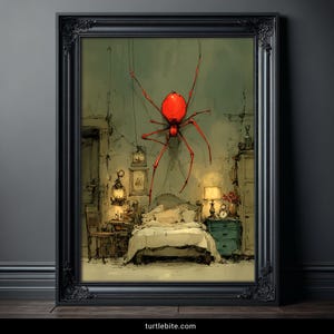 Surreal Art Print, Giant Red Spider in Bedroom Horror Poster, Strange Wall Art, Bizarre Nightmare