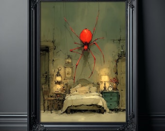 Surreal Art Print, Giant Red Spider in Bedroom Horror Poster, Strange Wall Art, Bizarre Nightmare
