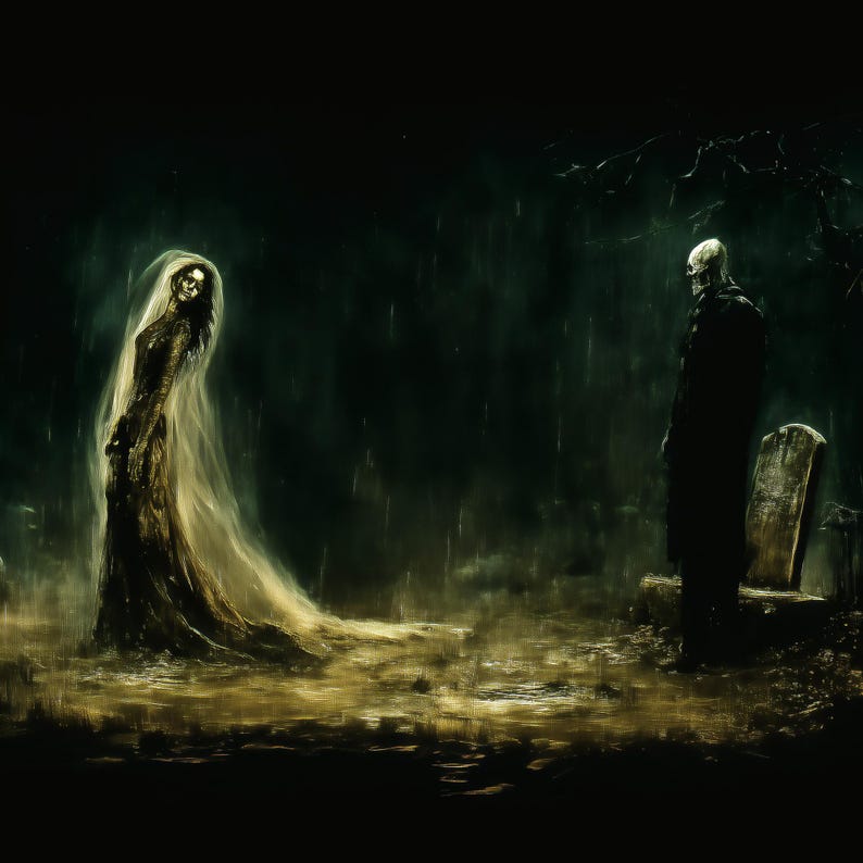Gothic Graveyard Art Print, Skeleton Ghost Cemetery Poster, Dark ...
