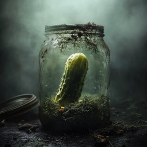 Op de afbeelding: Een groene komkommer zit in een glazen pot met een deksel. De pot is gevuld met groene kruiden en de komkommer is gedeeltelijk ondergedompeld in een heldere vloeistof. De pot is vies en heeft bruine vlekken aan de buitenkant.
