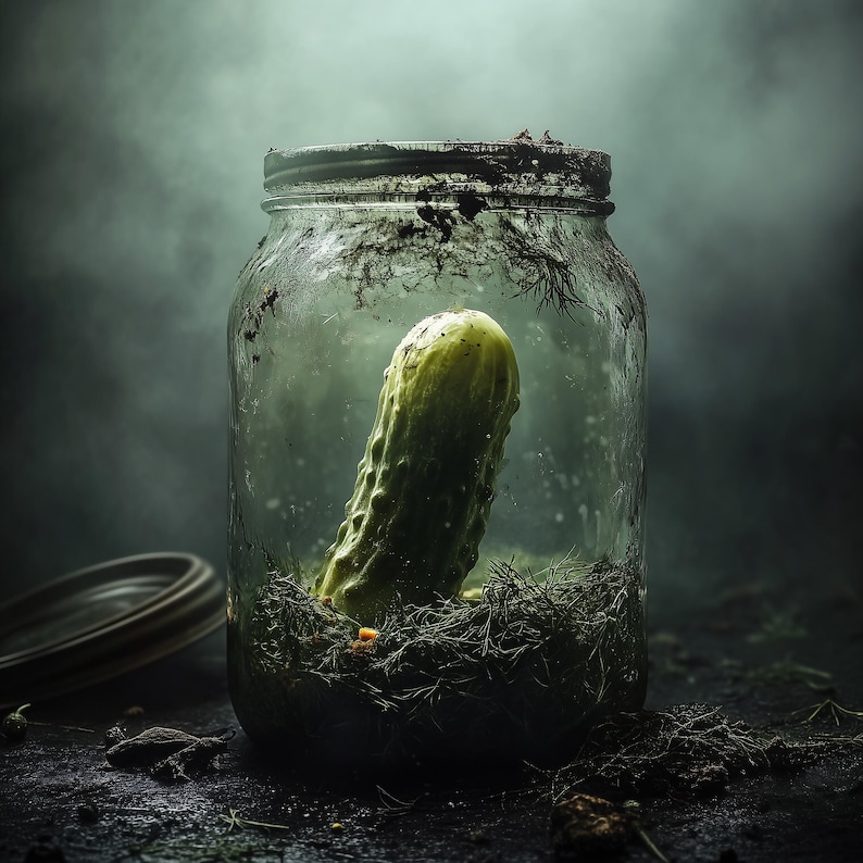 Op de afbeelding: Een groene komkommer zit in een glazen pot met een deksel. De pot is gevuld met groene kruiden en de komkommer is gedeeltelijk ondergedompeld in een heldere vloeistof. De pot is vies en heeft bruine vlekken aan de buitenkant.