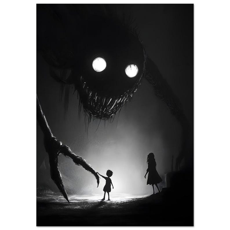 Monster Poster: Mysterious Kids Playing with Huge Creature, Dark Illustration, Nightmare Extra Large Wall Art, Witchy Frightening Prints image 11