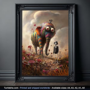 Póster surrealista y caprichoso con un elefante arcoíris y un esqueleto en un mundo de fantasía, perfecto para soñadores y amantes del arte.