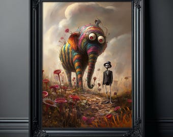 Fantastyczny surrealistyczny plakat przedstawiający tęczowego słonia i szkielet w świecie fantasy, idealny dla marzycieli i miłośników sztuki