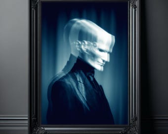 Ghost Art Print, Haunting Ghostly Portrait in Dark Suit, Spooky Wall Art, Surreal Horror Poster