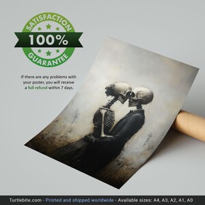 May include: A rectangular poster featuring an artistic illustration of two skeletons embracing. One skeleton wears a dark suit jacket, while the other is depicted in a dark dress. The background is a muted, hazy beige and grey tone with a textured appearance.