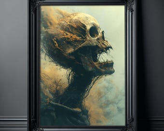 Gothic Horror Skull Painting Poster, Creepy Wall Art