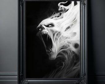 Czarno-biały plakat z duchem, straszne obrazy, horror, tajemnicze, przerażające stworzenie, mroczna akademia, gotycki obraz