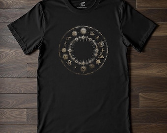 Occult T-Shirt Celestial Circle Design, Witchy Clothing Zodiac Symbols Apparel, Gothic Fashion Mystical Tee, Dark Academia Aesthetic Shirt