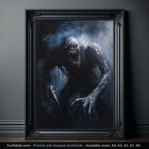 Pintura al óleo de alma gris oscura, imágenes aterradoras, obras de arte góticas espeluznantes, impresión de criatura inquietante, arte de pared melancólico, póster de terror, cosas espeluznantes
