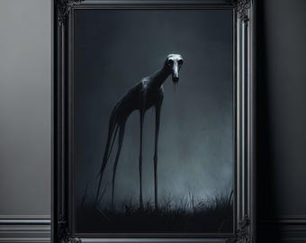 Slender Creepy Dog Strolling Alone, Dark Fine Art, Gothic Wall Art, Spooky Poster Print, Halloween Decor, Lonely Dog, Ghostly Poster
