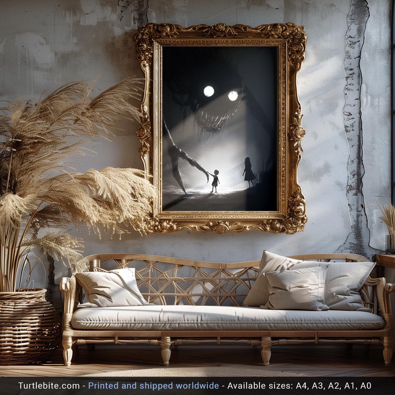 May include: A framed art print with a gold ornate frame. The artwork depicts a dark, surreal scene with a shadowy figure, two glowing eyes, and two small figures. The print hangs above a wicker sofa with pillows.