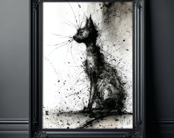 Impressão artística de gato preto, pôster gótico com respingos de tinta, arte de parede com animais sombrios, decoração abstrata e melancólica de gato, estética alternativa para casa.