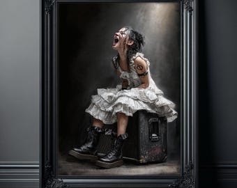 Pôster feminino sombrio e emotivo, decoração alternativa grunge, impressão de arte de parede gótica, arte para quarto com atmosfera melancólica, fotografia com estética punk.