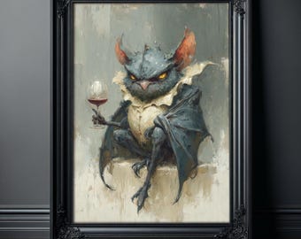 Hybrydowy nadruk z sową nietoperzem, sztuka gotycka, plakat z czarnym humorem, zrzędliwe stworzenie z kieliszkiem wina, nastrojowa sztuka ścienna Whimsigoth, surrealistyczny plakat ze zwierzęciem na prezent