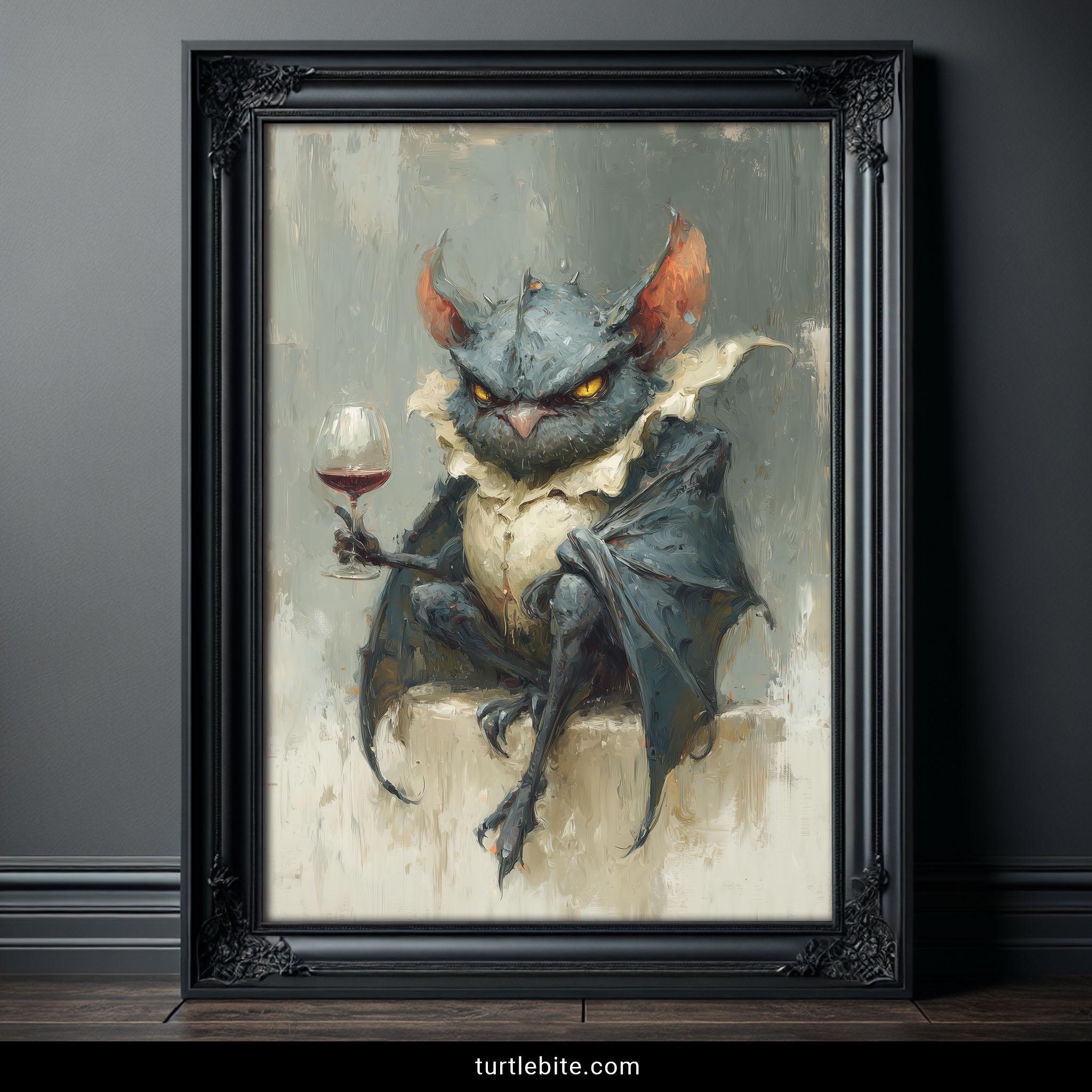 Bat Owl Hybrid Print, Gothic Art, Dark Humor Poster, Grumpy Creature with Wine Glass, Whimsigoth Moo
