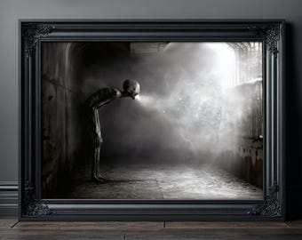 Gaunt Grayscale Horror Poster – Eerie Humanoid Figure in Decaying Hallway (Print)
