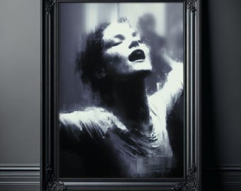 Surrealistyczny wydruk artystyczny, plakat z nawiedzającą kobietą tańczącą w deszczu, koszmarny horror na ścianę