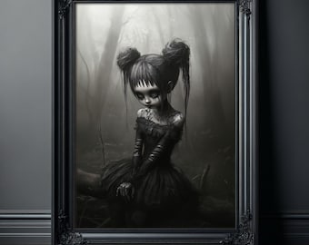 Straszny, słodki, gotycka dziewczyna w lesie, plakat, straszny, słodki, ścienny, straszne wydruki artystyczne, alternatywny wystrój domu, prezent na Halloween dla niej