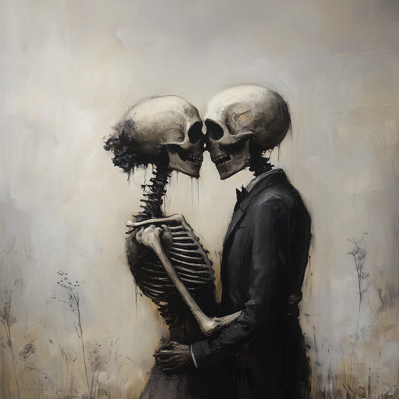 Skeleton Love Story, Gothic Skeletal Romance Painting, Dark Romantic Art, Dark Art Vintage Poster, Macabre Fine Art Print image 2