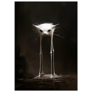 Spooky Slender Kitty Grumpy Cat Lover poster, donkere surrealistische muurkunst, griezelige print voor horrorcadeaus, groot schilderij voor woonkamer A0 (84.1x118.9cm / 33x47")