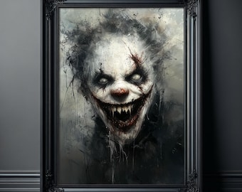 Plakat z przerażającym clowncore, mroczna, upiorna sztuka ścienna, wydruk z horroru z klaunem, nastrojowy wydruk obrazu olejnego, upiorna dekoracja ścienna